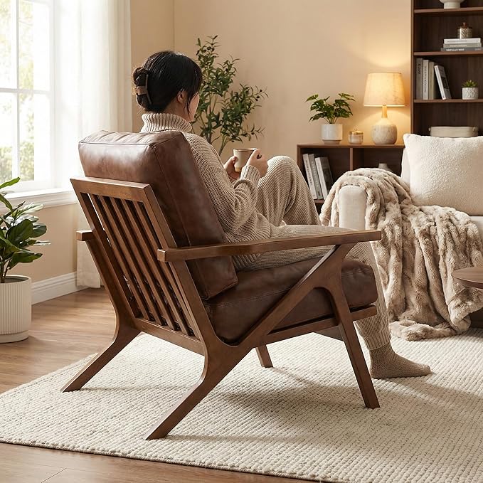 Mid Century Modern Accent Chair with Ottoman Farmhouse PU Upholstered Living Room Armchair and Ottoman Set 23 Seat Wide Retro Leisure Lounge Chair with Wood Frame for Home Bedroom Office Brown