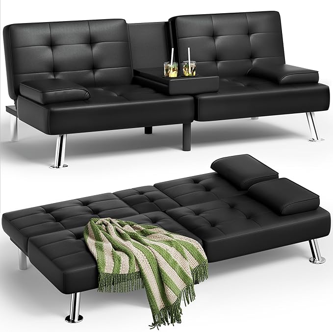 Homall Futon Sofa Bed Leather Futon Couch with Removable Armrests Adjustable Recliner Sleeper Sofa Bed with Dual Cup Holders for Living Room Apartment Office (Black)