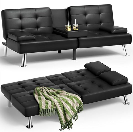 Homall Futon Sofa Bed Leather Futon Couch with Removable Armrests Adjustable Recliner Sleeper Sofa Bed with Dual Cup Holders for Living Room Apartment Office (Black)