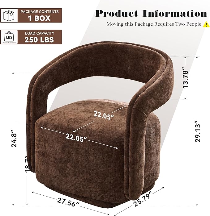 FOXHUNTER Swivel Accent Chair Set of 2 Modern Upholstered Barrel Chair Oversized Round Accent Armchair with Open Back Wooden Base for Living Room Chenil Brown