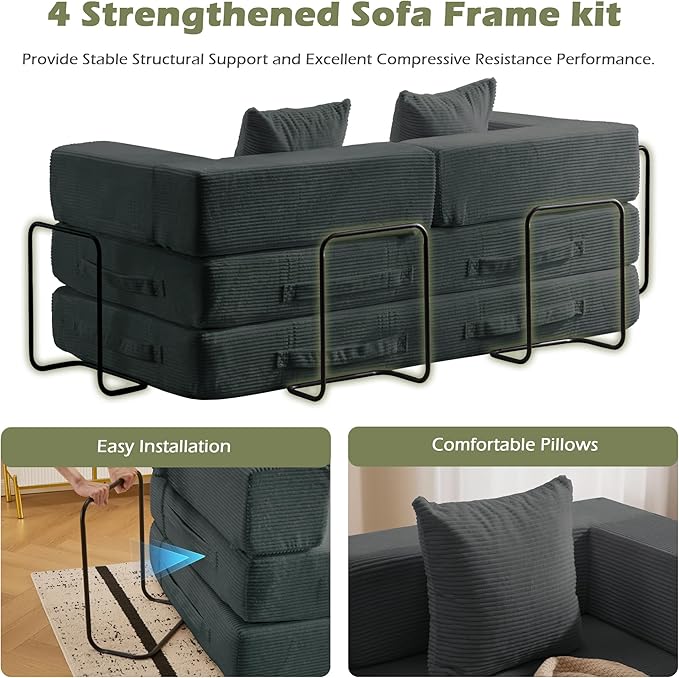 4 in 1 Convertible Sleeper Sofa Bed 78’’ Compression Folding Sofa Bed with Pillows &amp Side Pockets Fold Out Floor Couch Boneless Couch for Living Room BedroomGrey