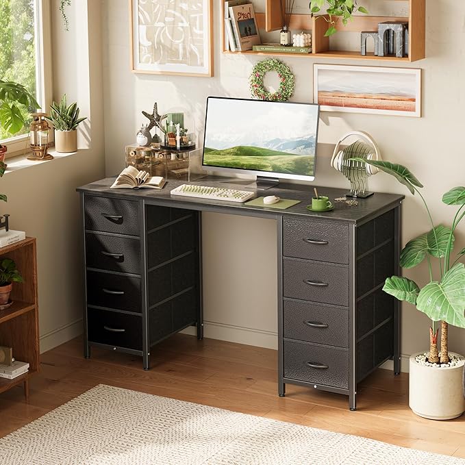 Huuger 47 Inch Computer Desk with 8 Fabric Drawers Office Desk Work Desk for Home Office Study Gaming Desk with Drawers Large Storage Black