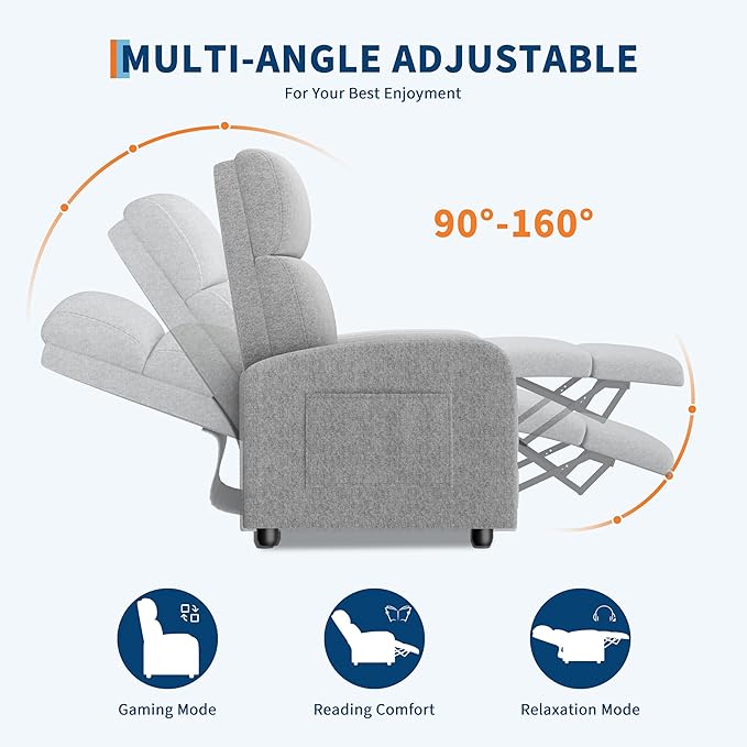 GarveeHome Linen Fabric Manual Recliner Chair with Side Pocket High Backrest Thick Cushion Adjustable Push Back ReclinerLazy Lounge Chair for Living Room Home Theater Bedroom Gray
