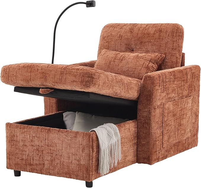 32 Comfy Chaise Lounge Sofa Bed Chair with Storage Side Pockets Phone Holder &amp 2 Pillows Modern Chenille Upholstered Sleeper Sofa Leisure Chair for Living Room Bedroom Small Spaces (Orange)