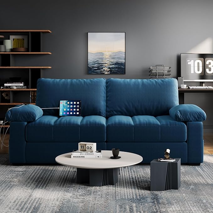 Yaheetech 79 Velvet Futon Sofa with Storage Pockets &amp USB Ports Removable Armrest Pillow &amp Cover Modern Comfy Loveseat Couch for Living Room Apartment Bedroom Blue
