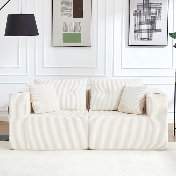 73 Loveseat Modular Sectional Sofa Oversized 2-Seater Boneless Tufted Cloud Couch with Cup Holder Corduroy Upholstery Small Couches for Living Room No Assembly Beige