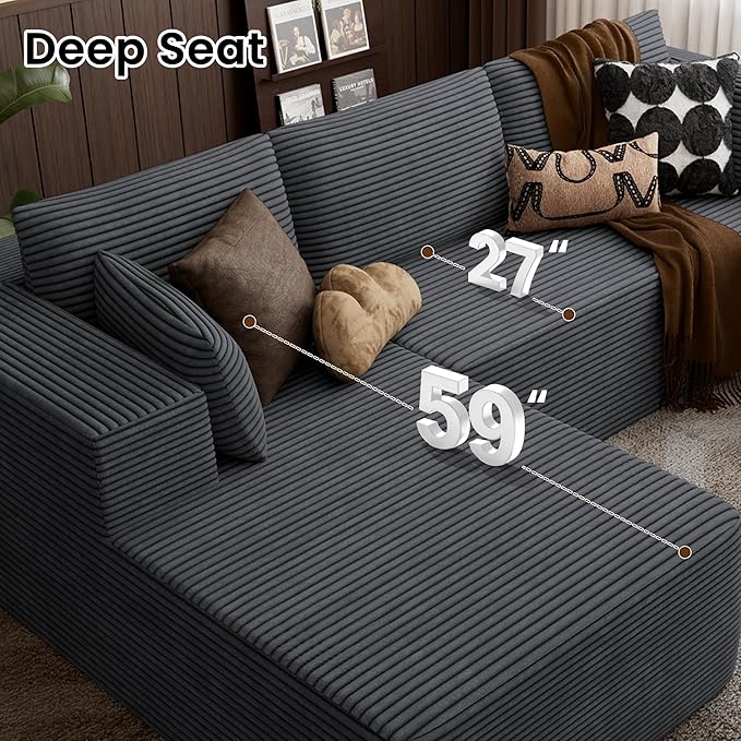 106 Cloud Sectional Boneless Couches for Living Room Modular L Shaped Couch with Deep Seat Oversized Left Facing Chaise Memory Foam Compressed Spineless 3 Seater Sofa for Bedroom Apartment Grey