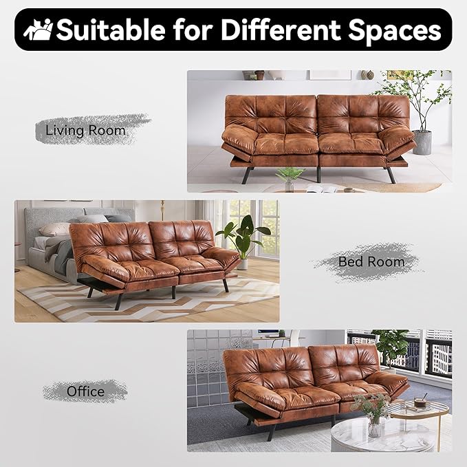 Vyfipt 71 Convertible Futon Sofa Bed3-in-1 Faux Leather Fabric Futon Couch with Memory Foam Modern Foldable Sleeper Loveseat for Small Spaces Living RoomOffice &amp ApartmentBrown