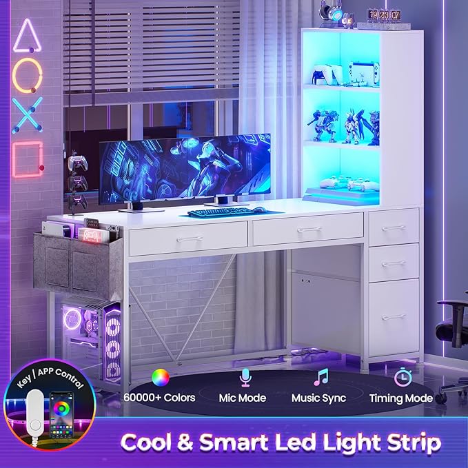 SEDETA Computer Desk with 5 Drawers and Bookshelf Reversible Home Office Desk with Storage Shelves and File Drawer Gaming Desk with LED Lights for Small Spaces White