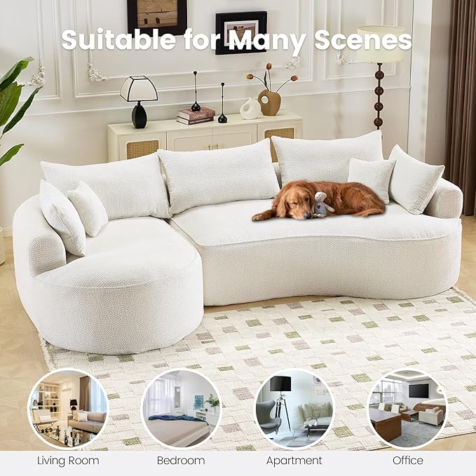 126” Oversized Curved Sectional Sofa L Shaped Chenille Boneless Couch with Deep Seat &amp 7 Pillows for Living Room Bedroom No Assembly Required (White)