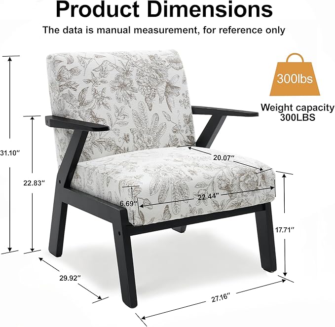 Floral Accent Chair Mid Century Modern Chairs Upholstered Armchair with Solid Rubber Wood Living Chair Ergonomic Chair for Living Room Bedroom Reading Room
