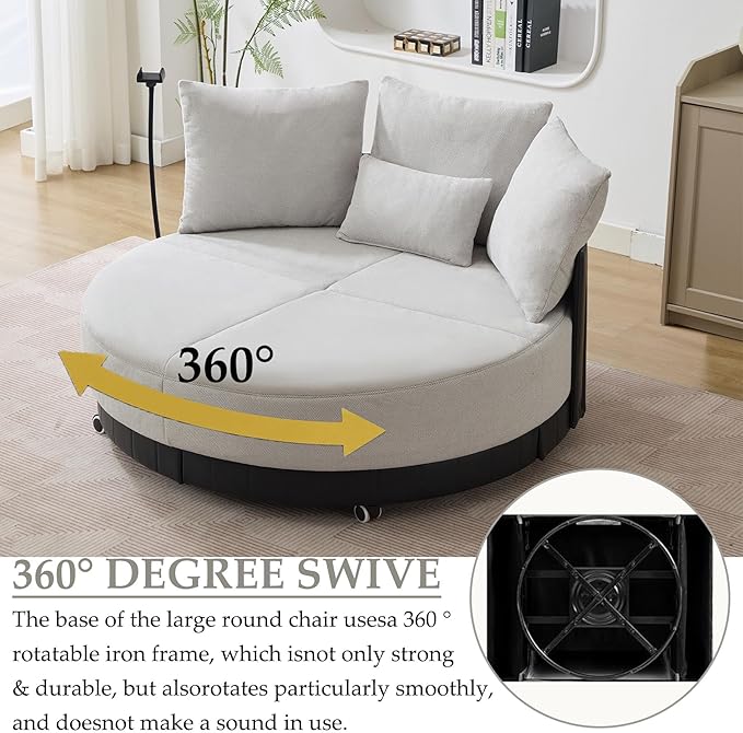Anwick 52'' Oversized Round Swivel Chair360° Swivel Chair with Adjustable Phone Holder and 4 Pillows Upholstered Couples Chair with Rotating Pulley for Living Room Bedroom Lounge Hotel (Gray)