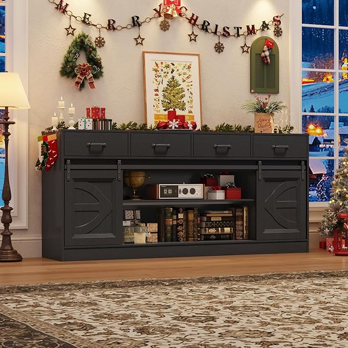 St.Mandyu 70 Large Farmhouse TV Stand for 85/80/75/70 Inch TVs w/4 DrawersRustic Tall Media Console w/Sliding Barn Door Adjustable ShelvesTall Entertainment Center for Living RoomBlack