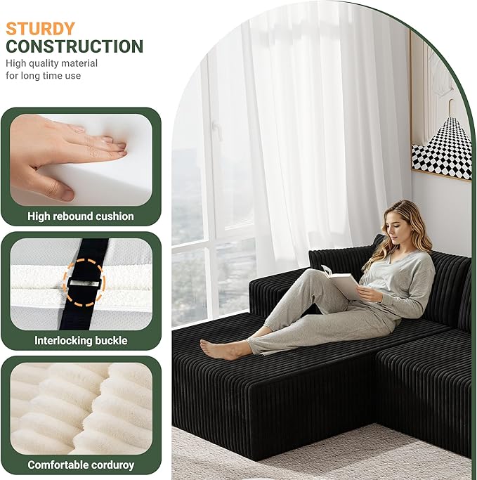 110 Modular Sectional Couch with L-Shaped Chaise Cloud Sectional Couch with Deep Seat Corduroy Sofa for Living Room Bedroom No Assembly Required (Left Facing Chaise) Charcoal Black