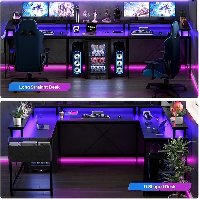 U Shaped Computer Gaming Desk 79’’ Reversible l Shaped Computer Desk with Power Outlet &amp LED Strip Office Desk with Monitor Stand Large Corner Desk with Storage Bag for Bedroom Office Black
