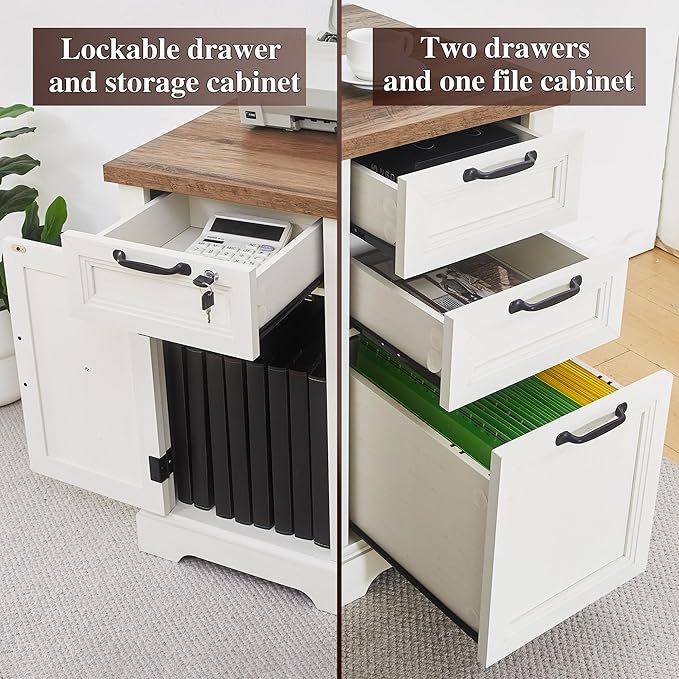 69 Farmhouse L Shaped Desk with Charging StationKeyboard TrayLockable Drawers and Storage Cabinet &amp Adjustable File CabinetWhite Corner Desk for Home Office