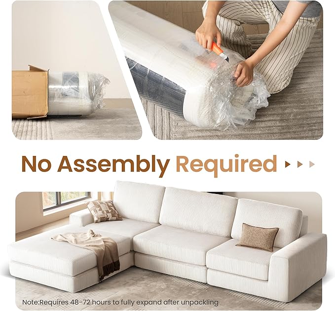 Modular Sectional Sofa 120.47 Modern Cloud Couch Sectional Sofa with U-Shaped Chaise Comfy Corduroy Fluffy Couch with Deep Seat Boneless couches for Living Room Bedroom White