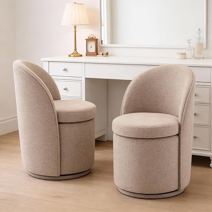 Rowill 360 Degree Swivel Vanity Chair with Back Set of 2 Modern Round Upholstered Accent Chairs Boucle Fabric for Living Room Reading Nook Makeup &amp Vanity Chair Easy Assembly Coffee