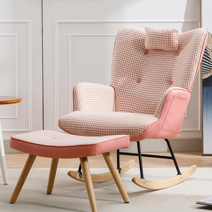 35.5 inch Rocking Chair Soft Houndstooth Fabric Leather Fabric Rocking Chair for Nursery Comfy Wingback Glider Rocker with Safe Solid Wood Base for Living Room Bedroom Balcony (Pink)