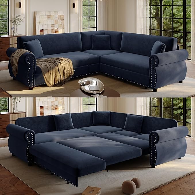 88.2 Sleeper Sofa Bed Sectional Couches for Living Room/Apartment Chenille L Shaped Couch with Pull Out Couch Bed Convertible Sectional Sofa with Rolled Arm &amp Nailhead Trim Blue