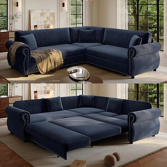88'' Sleeper Sofa Bed Queen L Shaped Sectional Sofa with Pull Out Couch Bed Chenille 5 Seater Couch with Nailhead Trim &amp Rolled Arm Sectional Couches for Living Room Furniture Set Blue