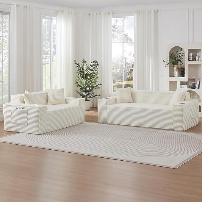 Boneless Sofa Couches with Cup Holder for Compact Living Rooms Apartments (Beige White Loveseat + 3 Seat Sofa) | No Assembly Required 2-Seater Sofa mini couch cup holder boneless loveseat side