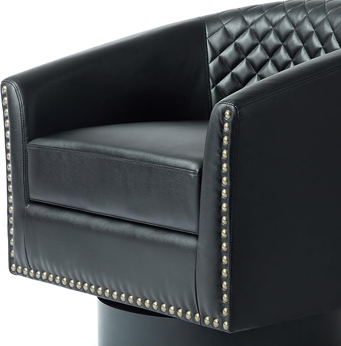 Lumibee 360° Swivel Barrel Chair Faux Leather Swivel Accent Chair with Nailhead Trim Upholstered Round Club Chair Armchair for Living Room Bedroom Black