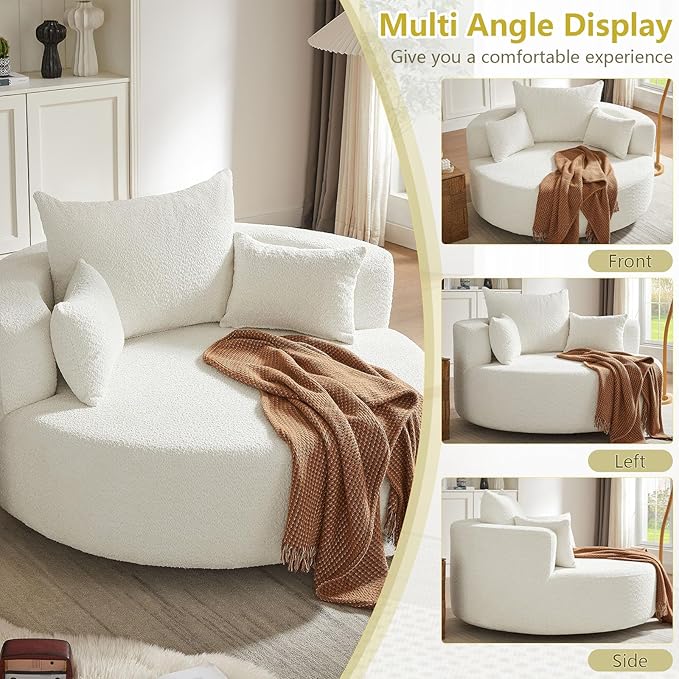55 Oversized Round Swivel Chaise Longue Chair Indoor Modern 360 Degree Swivel Upholstered Chenille Deep Seat Circle Comfy Single Cloud Sofa Chair for Living Room Bedroom Apartment Office Beige