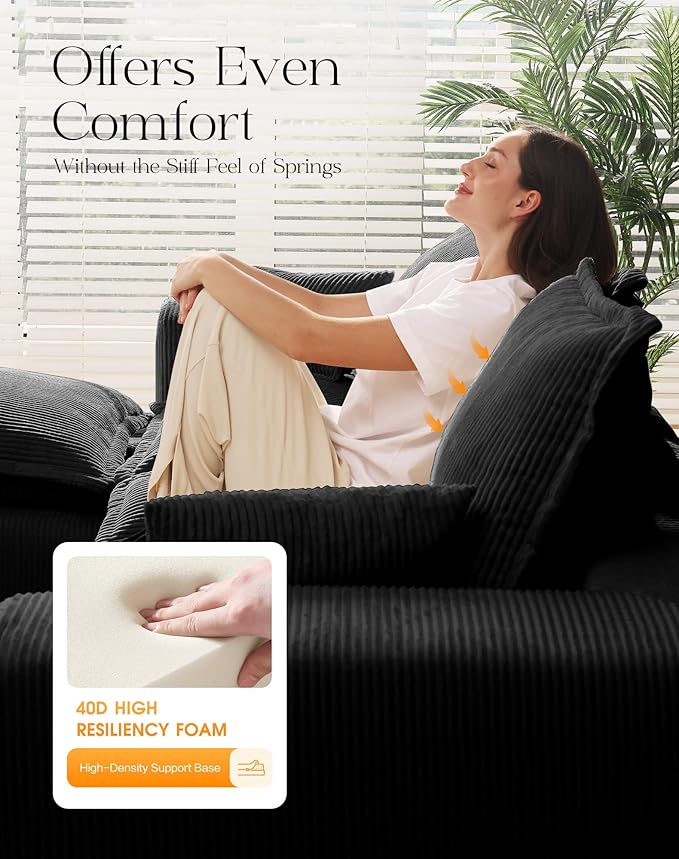 137 Boneless Comfortable Couch with Chaise U Shaped Modular Sectional Couches for Living Room Black Corduroy Sofas with Ottoman Compressed Sofa in a Box No Assembly Required