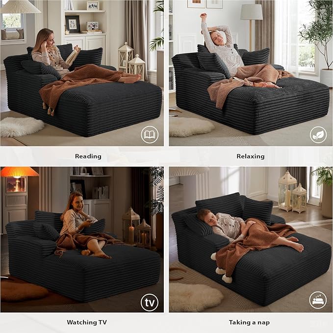 67 Inch Oversized Chaise Lounge Chair IndoorBoneless Corduroy Sofa Bed with Spring CushionDeep Seat Cloud Couch and Reading LoungerSoft Sleeper Sofa for Living RoomNo Assembly Required (Black)