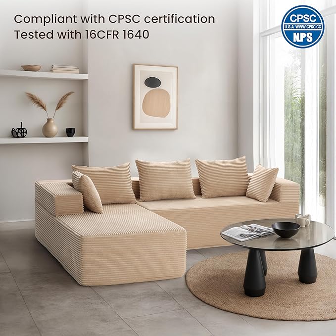 105 Modular Sectional Couches for Living RoomBoneless Couch with L-Shape ChaiseComfy Corduroy Sectional SofaNo Assembly RequiredBeige