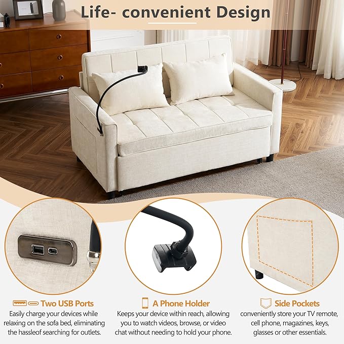 56.9 Loveseat Pull-Out Sofa Bed Chenille Sleeper Sofa Couch with a Reversible Backrest Cushion Side Pockets Two USB Ports and a Phone Holder for Living Room (Beige1)