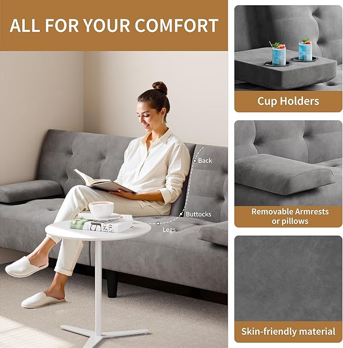 JAMFLY Futon Couches Loveseat Sofa Bed Convertible Lazy Futon Sofa Bed with Cup Holder for Small Spaces Bedroom Living Room Apartment Dorm （Dark Grey）