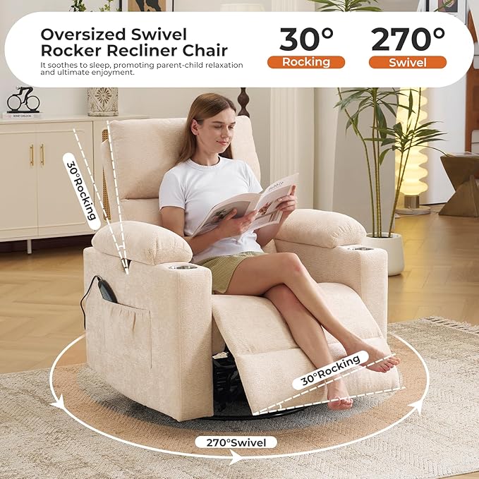 Rocking Chair Nursery with Adjustable Armrests Electric Glider Recliner Nursing Chair for Breastfeeding Power Swivel Recliner Chairs with Massage and Heat Adjustable Headrest  FSC Certified Beige