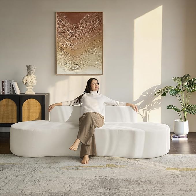 94.5 Boneless Sofa with 2 Pillows 3 Seater Compressed Foam Sofa with Half Moon Design &amp Deep Seat No Assembly Required Modern Cloud Couch for Living Room Ivory