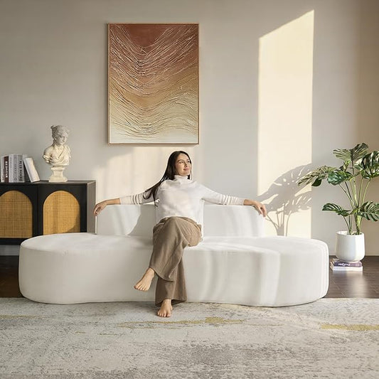 94.5 Boneless Sofa with 2 Pillows 3 Seater Compressed Foam Sofa with Half Moon Design &amp Deep Seat No Assembly Required Modern Cloud Couch for Living Room Ivory