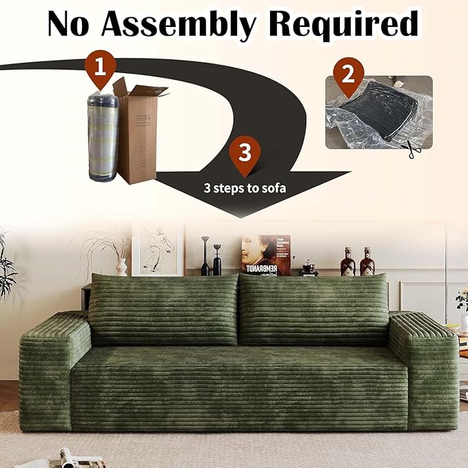 71 Cloud Boneless Loveseat Sofa Couch Bean Bag 3-Seater Couch with Memory Foam Corduroy Comfy Floor Sofa Deep Seat for Living Room Bedroom Apartment No Assembly (Green)