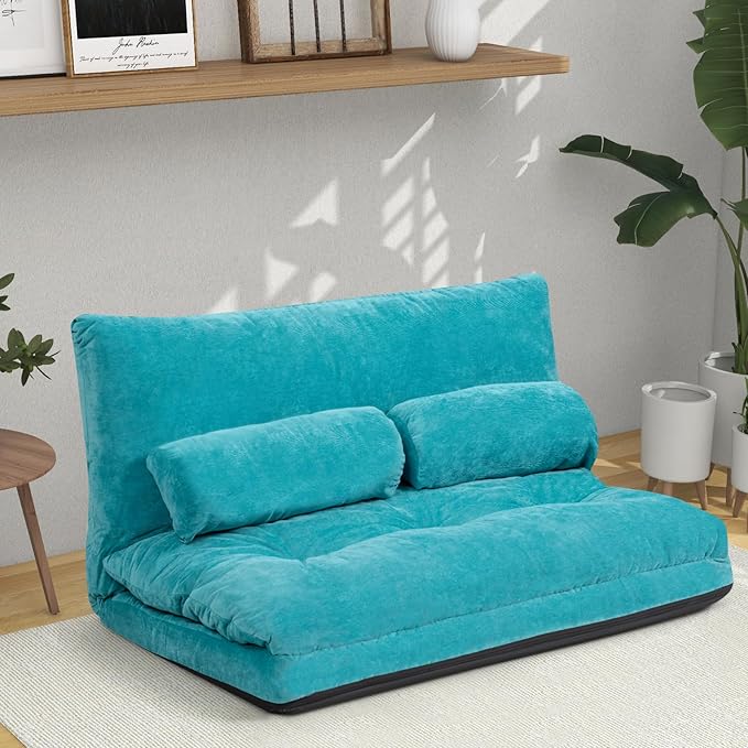 KOMFOTT Foldable Floor Lazy Sofa with 2 Pillows 6-Position Adjustable Reclining Sofa Sleeper Bed Convertible Futon Couch Bed Floor Couch Lounge for Relaxing Reading Playing Gaming (Turquoise)