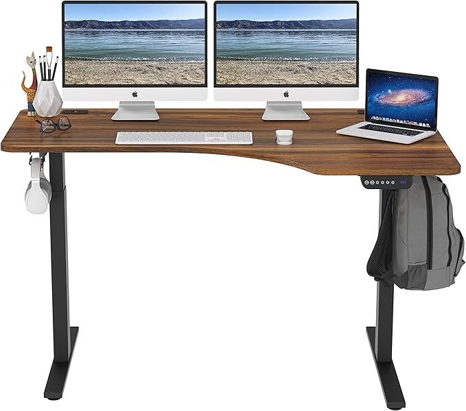 SHW 55-Inch Large Electric Height Adjustable L-Shaped Standing Desk with Right Facing Corner Walnut