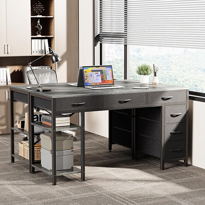 Huuger Computer Desk with 6 Drawers Office Desk with Shelves Reversible Gaming Desk Corner Desk with Storage Work for Home Office Study Living Room 47inch Gray