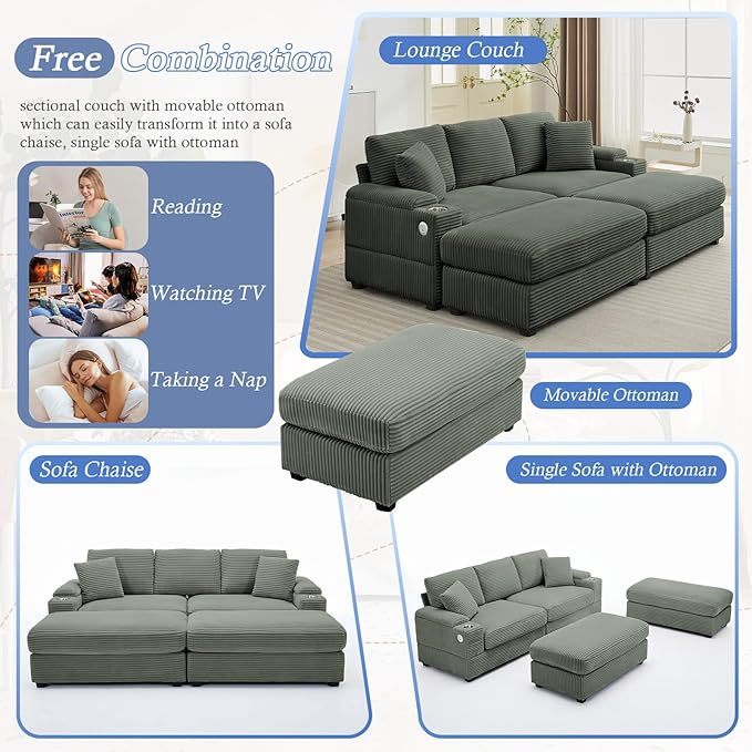 86.6 Sectional Sofa Couch with 2 Ottomans Comfy Corduroy Upholstered Cloud Modular Convertible Couch with Cup Holders and USB Armrest Storage Deep Seat Oversized Loveseat for Living Room Green