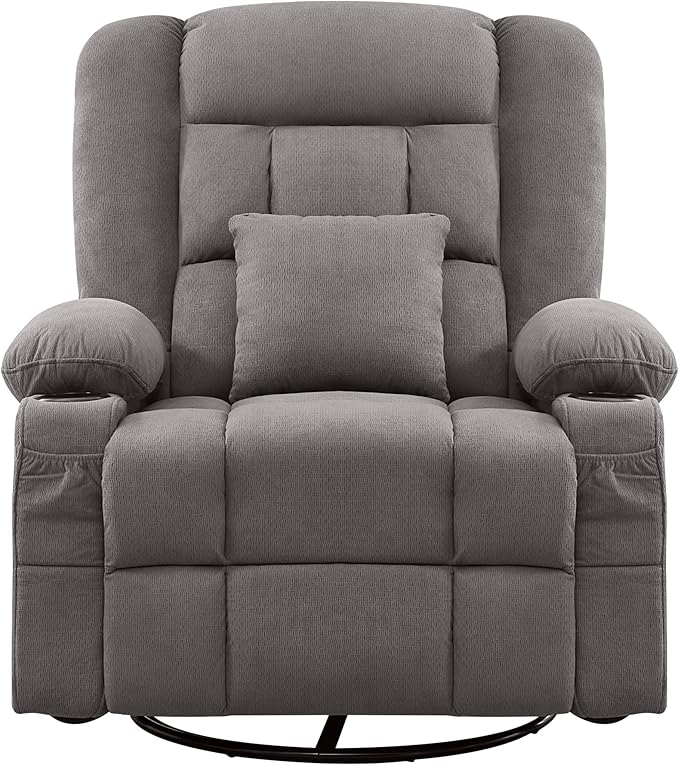 Massage Swivel Rocker Recliner Chair with Vibration Massage and Heat Ergonomic Lounge Chair for Living Room with USB Charge Port and Side Pocket Rocking Function (Light Grey)