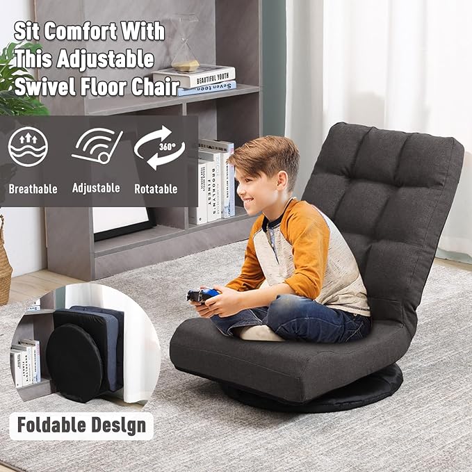 Swivel Floor Chair for TeensMultipurpose Gaming Chair Rocker for TV Reading Playing Video Games Lumbar Support Adjustable Foldable Backrest (Brown)