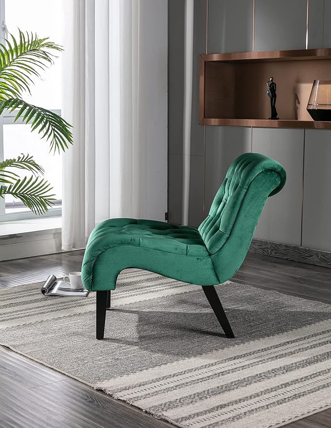 Green Velvet Accent Chair Comfortable Armless Chair with Upholstered Velvet Foam Cushion &amp Wooden Legs for Living Room Bedroom Office