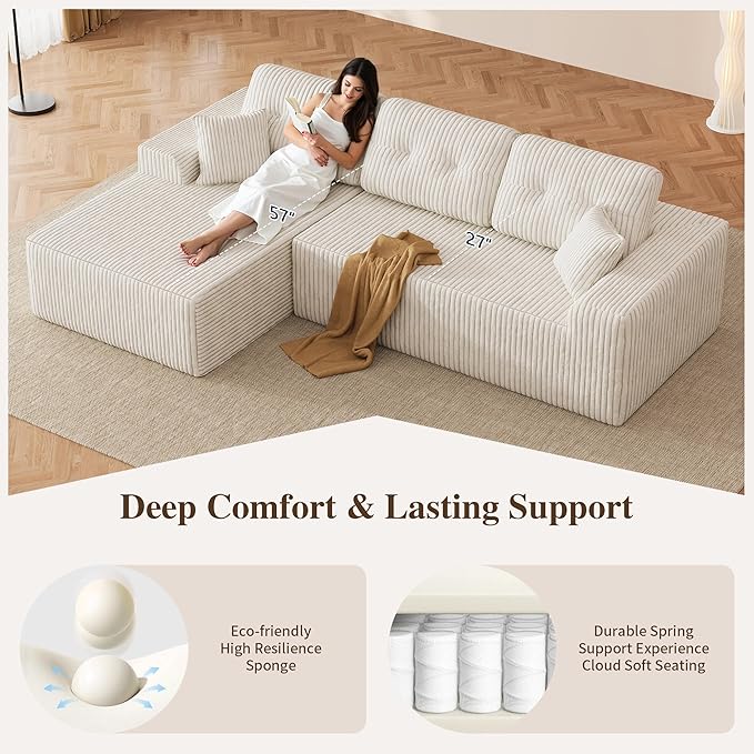 Ball &amp Cast 106 Boneless Sectional Sofa Corduroy Modular L Shaped Couch with Deep Seat Chaise Cloud Style Oversized Sectional Couch for Living Room No Assembly Left Facing Beige