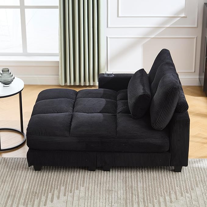 Oversized Lounge Chaise Convertible Sleeper Sofabed Corduroy Sleeper Daybed Indoor Recliner Chair Sofa Bed with Cupholders and Adjustable Headrests for Living Room Bedroom Reading Home Apartment