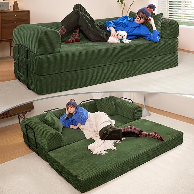 79 Convertible Sofa Bed Boneless Corduroy Sleeper Foldable Modular Couch Memory Foam Compressed Sofa in A Box Folding Mattress Floor Couch for Small Space Living Room Apartment Bedroom Green