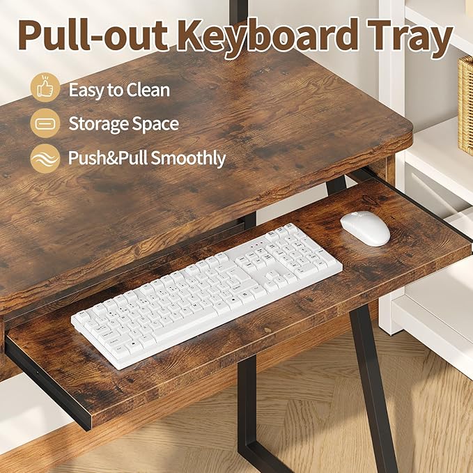 ALISENED 2 Tiers Small Computer Desk for Small Space Compact Laptop Table Workstation with Keyboard Tray. Study PC Table for Home Office Rustic Brown