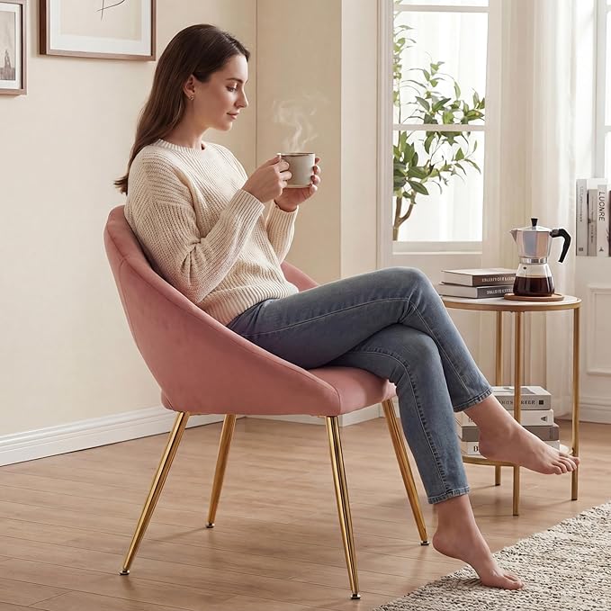 Modern Vanity Chair Living Room Chair with Gold Metal LegsVelvet Dining Chair Comfy Accent Chair for Makeup Room Waiting Room Dressing Room Bedroom Dining Room Home Office(Pink 1PCS)