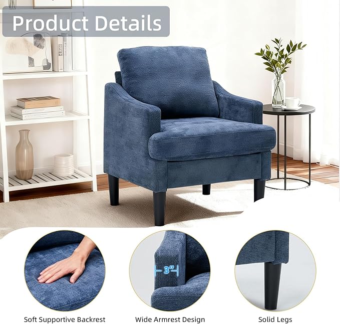 Mid-Century Modern Accent ChairBlue Armchair Comfy Living Room ChairsSofa Chair for Bedroom Apartment Studio Waiting Room Ideal as Readingchair with Plastic Legs